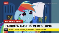 Size: 717x402 | Tagged: safe, edit, edited screencap, imported from derpibooru, screencap, rainbow dash, pegasus, pony, parental glideance, season 7, abuse, break your own news, breaking news, crying, dashabuse, faic, female, go to sleep wind rider, lip bite, mare, meme, op is a duck, op is trying to start shit, op is wrong, poor rainbow dash, sad, solo, stupid, text, trying too hard