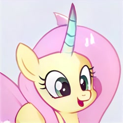Size: 1024x1024 | Tagged: safe, artist:thisponydoesnotexist, imported from derpibooru, pony, ai content, ai generated, curved horn, cute, female, generator:thisponydoesnotexist, horn, mare, neural network, not fluttershy, smiling, solo