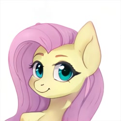 Size: 1024x1024 | Tagged: safe, artist:thisponydoesnotexist, imported from derpibooru, pony, ai content, ai generated, bust, eyebrows, female, generator:thisponydoesnotexist, neural network, not fluttershy, portrait, simple background, smiling, solo, white background