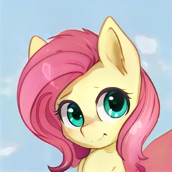 Size: 1024x1024 | Tagged: safe, artist:thisponydoesnotexist, imported from derpibooru, pony, ai content, ai generated, bust, cloud, generator:thisponydoesnotexist, neural network, not fluttershy, portrait, sky, smiling, solo