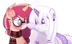 Size: 1050x650 | Tagged: safe, artist:pasteldraws, imported from derpibooru, oc, oc:dream walker, oc:dream-walker, oc:kay lea, pony, unicorn, accessories, accessory, base used, best friends, blushing, boop, clothes, crush, cute, ear blush, female, freckles, glasses, lesbian, scarf, simple background, socks, transparent background