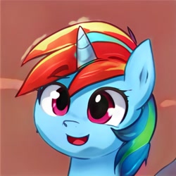 Size: 1024x1024 | Tagged: safe, artist:thisponydoesnotexist, imported from derpibooru, rainbow dash, pony, unicorn, ai content, ai generated, cloud, generator:thisponydoesnotexist, neural network, not rainbow dash, sky, smiling, solo
