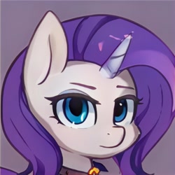 Size: 1024x1024 | Tagged: safe, artist:thisponydoesnotexist, imported from derpibooru, pony, ai content, ai generated, artificial intelligence, bust, collar, eyebrows, generator:thisponydoesnotexist, horn, looking at you, neural network, not fluttershy, not rarity, portrait, purple mane, solo, transparent horn, white coat