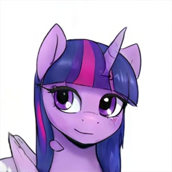 Size: 1024x1024 | Tagged: safe, artist:thisponydoesnotexist, imported from derpibooru, twilight sparkle, alicorn, pony, ai content, ai generated, artificial intelligence, aside glance, generator:thisponydoesnotexist, neural network, not twilight sparkle, sideways glance, smiling, solo