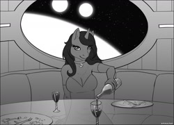 Size: 1280x924 | Tagged: safe, artist:emikochan, imported from derpibooru, princess luna, alicorn, anthro, alcohol, breasts, busty princess luna, clothes, collar, couch, detailed background, digital art, dinner, dress, female, furniture, glass, gloves, grayscale, horn, jewelry, long gloves, looking at you, mare, monochrome, necklace, offscreen character, plate, pouring, pov, sitting, smiling, smiling at you, solo, space, spaceship, stars, table, utensil, wine, wine bottle, wine glass