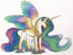 Size: 1280x967 | Tagged: safe, artist:bloodyblackquiet, imported from derpibooru, princess celestia, alicorn, pony, chest fluff, colored wings, female, mare, multicolored wings, simple background, solo, traditional art, unshorn fetlocks, white background, wings