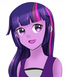 Size: 1848x2143 | Tagged: dead source, safe, artist:tealhikari, imported from derpibooru, twilight sparkle, equestria girls, bust, female, open mouth, procreate, request, simple background, smiling, solo, white background