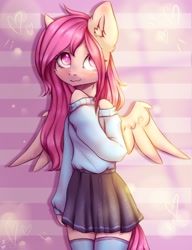 Size: 2000x2600 | Tagged: safe, artist:zefirka, imported from derpibooru, oc, oc only, pegasus, semi-anthro, clothes, female, not fluttershy, not scootaloo, pegasus oc, skirt, socks, solo, sweater, thigh highs, wings