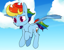 Size: 1400x1085 | Tagged: safe, artist:dacaoo, imported from derpibooru, rainbow dash, pegasus, pony, cloud, feathered wings, female, flying, looking forward, mare, sky, solo, spread wings, wings