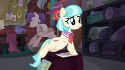 Size: 1280x720 | Tagged: safe, imported from derpibooru, screencap, coco pommel, earth pony, pony, made in manehattan, cocobetes, cute, female, flyer, scrapbook, sitting, smiling, solo