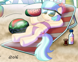 Size: 2656x2125 | Tagged: safe, artist:lars99, imported from derpibooru, coco pommel, zephyr breeze, earth pony, 2016, bandeau, beach, beach chair, bikini, chair, clothes, cropped, duo, female, food, mare, midriff, relaxing, signature, solo, solo focus, spool, summer, sunglasses, suntan lotion, swimsuit, watermelon