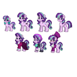 Size: 500x500 | Tagged: safe, imported from derpibooru, snowfall frost, starlight glimmer, pony, unicorn, pony town, age progression, beanie, clothes, equal cutie mark, female, filly, glasses, hat, multeity, older, older starlight glimmer, pixel art, s5 starlight, self ponidox, simple background, skirt, starlight cluster, suit, top hat, transparent background, younger