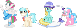 Size: 11873x4347 | Tagged: safe, artist:punzil504, imported from derpibooru, aloe, blossomforth, coco pommel, helia, earth pony, pegasus, pony, absurd resolution, alternate hairstyle, ballerina, bipedal, cocobetes, cute, female, file, hair dryer, mare, simple background, smiling, standing, standing on one leg, transparent background, twilight sparkle day, vector