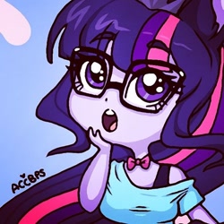 Size: 640x640 | Tagged: safe, artist:ameliacostanza, imported from derpibooru, sci-twi, twilight sparkle, equestria girls, blue background, bowtie, bra, bra strap, clothes, cute, female, glasses, open mouth, simple background, solo, twiabetes, underwear