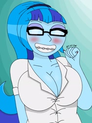 Size: 1932x2576 | Tagged: safe, artist:c_w, imported from derpibooru, sonata dusk, equestria girls, blushing, braces, breasts, busty sonata dusk, cleavage, eyelashes, eyes closed, eyeshadow, female, glasses, makeup, nail polish, nerd, smiling, tight clothing