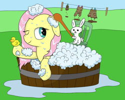 Size: 2000x1600 | Tagged: safe, artist:amateur-draw, imported from derpibooru, angel bunny, fluttershy, pegasus, pony, 90s grunge fluttershy, baseball cap, bathtub, brushing, bubble, cap, clothes, female, hat, mare, mud, one eye closed, rubber duck, shirt, simple background, skirt, solo, wet, wet mane