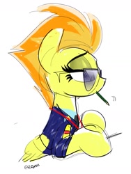 Size: 1053x1403 | Tagged: safe, artist:azamiii, artist:azmiiiazm, imported from derpibooru, spitfire, pegasus, pony, clothes, featured image, female, lidded eyes, mare, mouth hold, pencil, pencil in mouth, simple background, solo, sunglasses, translated in the comments, uniform, white background, wonderbolts dress uniform