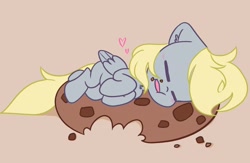 Size: 2048x1335 | Tagged: safe, artist:kittyrosie, imported from derpibooru, derpy hooves, pegasus, pony, blushing, chest fluff, cute, derpabetes, ear fluff, eating, eyes closed, female, floating heart, giant cookie, heart, mare, messy eating, simple background, sleeping, solo