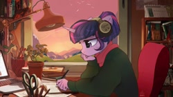 Size: 1200x675 | Tagged: safe, artist:radioaxi, artist:reterica, imported from derpibooru, twilight sparkle, anthro, bird, moose, pony, unicorn, book, brush, calendar, chair, clothes, computer, crossover, evening, flying, headphones, lamp, laptop computer, lofi, lofi hip hop radio - beats to relax/study to, mountain, parody, pen, pencil, plant, plushie, ponified, profile, scarf, scissors, solo, studying, sunset, toy, unicorn twilight, vase