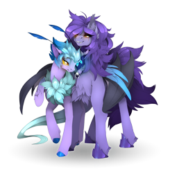 Size: 2827x2884 | Tagged: safe, artist:taiga-blackfield, imported from derpibooru, oc, oc only, oc:amelia, oc:amelia valkyria, oc:empyrea, bat pony, pegasus, pony, bat pony oc, bat wings, duo, duo female, female, fluffy, hug, pegasus oc, simple background, transparent background, winghug, wings