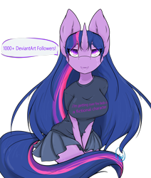 Size: 3000x3536 | Tagged: safe, artist:daniefox, imported from derpibooru, twilight sparkle, anthro, unicorn, 2018, big breasts, breasts, busty twilight sparkle, clothes, female, milestone, shirt, simple background, skirt, solo, transparent background, unicorn twilight