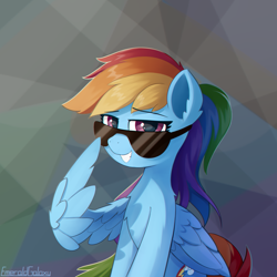 Size: 2000x2000 | Tagged: safe, artist:emeraldgalaxy, imported from derpibooru, rainbow dash, pegasus, pony, chest fluff, chromatic aberration, ear fluff, female, grin, looking at you, mare, sitting, smiling, solo, sunglasses, wing hands, wings