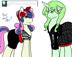 Size: 1280x1024 | Tagged: safe, artist:azure-doodle, imported from derpibooru, bon bon, sweetie drops, oc, oc:merriweather, pony, unicorn, ask, ask merriweather, clothes, female, mare, sexually confused lyra