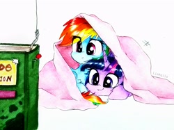 Size: 3069x2301 | Tagged: safe, artist:liaaqila, imported from derpibooru, rainbow dash, twilight sparkle, pegasus, pony, unicorn, book, commission, female, lesbian, shipping, traditional art, twidash, unicorn twilight