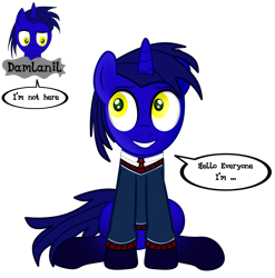 Size: 3564x3612 | Tagged: safe, artist:damlanil, imported from derpibooru, oc, oc only, oc:damlanil, pony, unicorn, breaking the fourth wall, clothes, cute, front view, horn, male, show accurate, simple background, sitting, smiling, solo, stallion, transparent background, uniform, vector