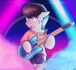 Size: 3128x2914 | Tagged: safe, artist:legionsunite, imported from derpibooru, octavia melody, earth pony, semi-anthro, :p, clothes, compression shorts, electric guitar, female, gradient background, guitar, high res, mare, musical instrument, out of character, solo, stage, stage light, sweater, tongue out