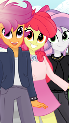 Size: 1080x1920 | Tagged: safe, artist:sallyso, imported from derpibooru, apple bloom, scootaloo, sweetie belle, equestria girls, alternate hairstyle, apple bloom's bow, belt, bow, clothes, cloud, cutie mark crusaders, female, goldie delicious' scarf, goldie delicious' shawl, grin, hair bow, hoodie, jacket, jeans, leather jacket, male, older, older apple bloom, older cmc, older scootaloo, older sweetie belle, open mouth, pants, shawl, shirt, skirt, sky, smiling, spiked wristband, t-shirt, trans boy, trans male, transgender, wristband