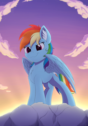 Size: 2800x4000 | Tagged: safe, artist:arcane-thunder, imported from derpibooru, rainbow dash, pegasus, pony, :3, cliff, cloud, ear fluff, female, high res, majestic, mare, smiling, solo, sunset