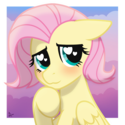 Size: 2048x2048 | Tagged: safe, artist:whitequartztheartist, imported from derpibooru, fluttershy, pegasus, pony, blushing, cute, female, heart, heart eyes, short hair, shyabetes, solo, wingding eyes