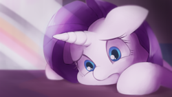 Size: 2560x1440 | Tagged: safe, artist:lexiedraw, imported from derpibooru, rarity, pony, unicorn, canterlot boutique, boutique depression, colored lights, cute, female, sad, sadorable, scene interpretation, solo, squishy cheeks