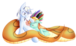 Size: 1916x1169 | Tagged: source needed, safe, artist:cha-squared, imported from derpibooru, oc, oc only, oc:chieftess muyal, oc:yiazmat, lamia, original species, pony, snake, snake pony, unicorn, cute, duo, feather, female, hairdress, headdress, jewelry, male, necklace, scar, simple background, smiling, snuggling, transparent background