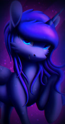 Size: 1116x2116 | Tagged: safe, artist:itssim, imported from derpibooru, princess luna, alicorn, pony, cheek fluff, female, light, looking at you, mare, reflection, smiling, solo