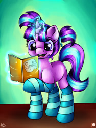 Size: 2102x1582 | Tagged: safe, artist:appleneedle, imported from derpibooru, starlight glimmer, pony, unicorn, alternate hairstyle, clothes, cook, cute, female, filly, filly starlight glimmer, glimmerbetes, glowing horn, hoof hold, horn, levitation, magic, magic aura, open mouth, patreon, patreon reward, pigtails, raised hoof, reading, socks, solo, striped socks, telekinesis, younger