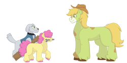 Size: 1280x640 | Tagged: safe, artist:itstechtock, imported from derpibooru, li'l cheese, oc, oc:ginger gold, oc:smoky quartz, diamond dog, earth pony, pony, the last problem, female, filly, male, mare, mouth hold, offspring, parent:applejack, parent:trouble shoes, parents:troublejack, simple background, stallion, transparent background, wrench