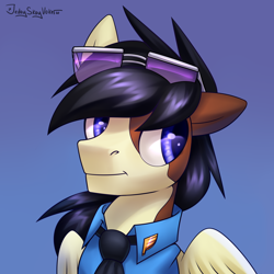 Size: 2000x2000 | Tagged: safe, artist:jedayskayvoker, imported from derpibooru, oc, oc only, pegasus, pony, blue background, clothes, male, simple background, smiling, solo