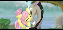 Size: 2523x1216 | Tagged: safe, artist:eveeka, imported from derpibooru, discord, fluttershy, draconequus, pegasus, pony, clothes, cute, discoshy, dress, eyes closed, female, kissing, lake, love, male, marriage, neck kiss, shipping, straight, wedding, wedding dress