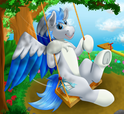 Size: 1830x1680 | Tagged: safe, artist:wittleskaj, imported from derpibooru, oc, oc:stormbreaker, oc:zephyrr, pegasus, pony, outdoors, pegasus oc, swing, tree, wings