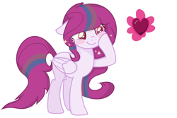 Size: 1826x1222 | Tagged: safe, artist:blurryface213, artist:klewgcg, imported from derpibooru, oc, oc only, oc:blossoming heart, pegasus, pony, base used, blush sticker, blushing, colored pupils, female, floppy ears, heart, looking down, mare, pegasus oc, simple background, smiling, solo, white background, wings