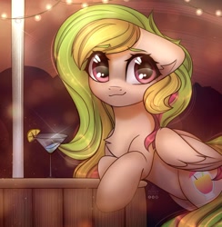 Size: 2220x2271 | Tagged: safe, artist:radioaxi, artist:reterica, imported from derpibooru, oc, oc only, oc:fruity extra, pegasus, pony, chest fluff, cocktail, cocktail glass, commission, eye clipping through hair, eyebrows, eyebrows visible through hair, female, food, high res, lemon, mare, smiling, solo, string lights, ych result