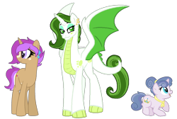 Size: 1826x1224 | Tagged: safe, artist:zafara1222, imported from derpibooru, oc, oc:malachite, oc:pastiche, oc:radiance, dracony, dragon, hybrid, pony, unicorn, female, filly, interspecies offspring, magical lesbian spawn, mare, offspring, parent:coco pommel, parent:rarity, parent:spike, parent:trenderhoof, parents:marshmallow coco, parents:sparity, parents:trenderity, simple background, transparent background