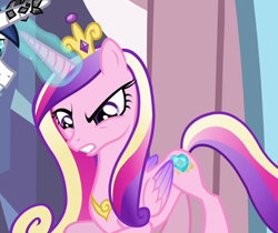 Size: 1340x1125 | Tagged: safe, imported from derpibooru, screencap, princess cadance, shining armor, alicorn, pony, the crystal empire, cropped, female, folded wings, glowing horn, horn, mare, solo, solo focus, struggling, wings