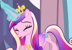 Size: 1558x1073 | Tagged: safe, imported from derpibooru, screencap, princess cadance, alicorn, pony, the crystal empire, cropped, crown, eyes closed, female, folded wings, jewelry, mare, regalia, solo, struggling, tiara, wings