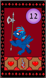 Size: 432x726 | Tagged: safe, imported from derpibooru, oc, oc:hellfire, pegasus, pony, pony creator, axe, battle axe, card, card game, colt, fantasy, magic, male, weapon, young