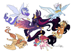 Size: 1280x942 | Tagged: safe, artist:cigarscigarettes, artist:vintagefeline, color edit, edit, imported from derpibooru, applejack, fluttershy, pinkie pie, rainbow dash, rarity, twilight sparkle, alicorn, earth pony, pegasus, pony, unicorn, the last problem, alternate design, cloven hooves, colored, ethereal wings, female, glimmer wings, mane six, missing cutie mark, older, older applejack, older fluttershy, older mane six, older pinkie pie, older rainbow dash, older rarity, older twilight, princess twilight 2.0, realistic horse legs, simple background, transparent background, twilight sparkle (alicorn), wings