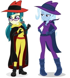 Size: 796x879 | Tagged: safe, artist:punzil504, editor:thomasfan45, imported from derpibooru, juniper montage, mare do well, trixie, human, equestria girls, angry, belt, boots, cape, clothes, cosplay, costume, crossover, darkwing duck, disney, ducktales, duo, duo female, female, gloves, gritted teeth, hand on hip, hat, negaduck, negamare, pigtails, shoes, simple background, smug, twintails, utility belt, vector, white background
