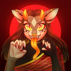 Size: 4096x4096 | Tagged: safe, artist:helemaranth, imported from derpibooru, oc, oc only, oc:helemaranth, anthro, demon, demon pony, original species, bust, clothes, female, horns, long tongue, nail polish, nose piercing, nose ring, piercing, sharp teeth, solo, teeth, tongue out